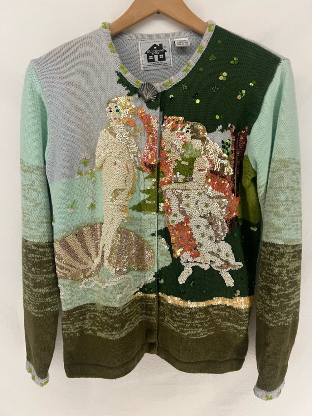 Vintage Storybook Knits Botticelli’s Birth Of Venus Cardigan Sweater Size XS Art